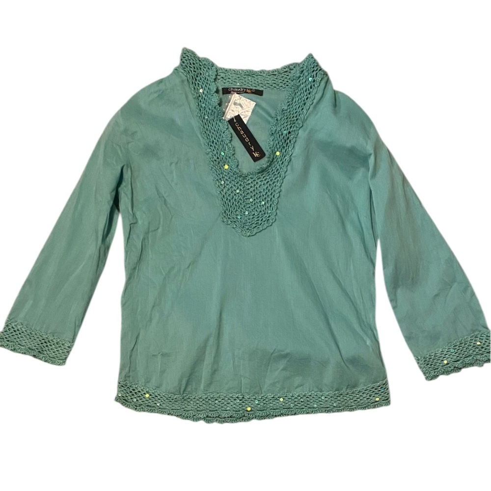 Chaudry Green Crochet Trim Boho Blouse Size Large Embroidered Beaded Top NWT